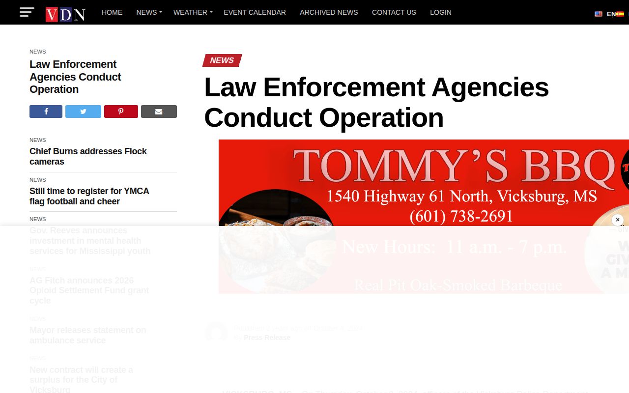Warren County crime-news arrest-record source view of a Vicksburg Daily News agency-operation report