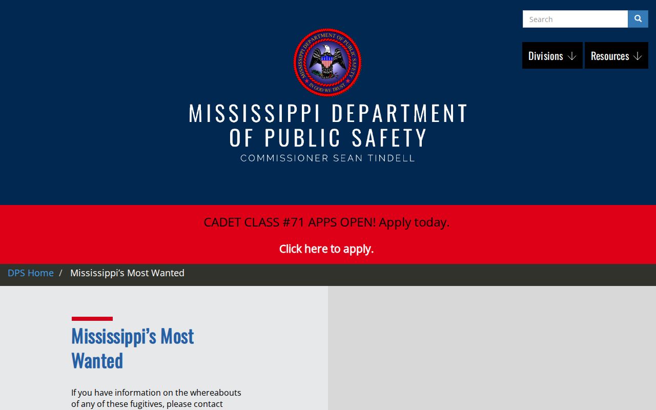 Warren County wanted-records source view of the Mississippi Most Wanted page
